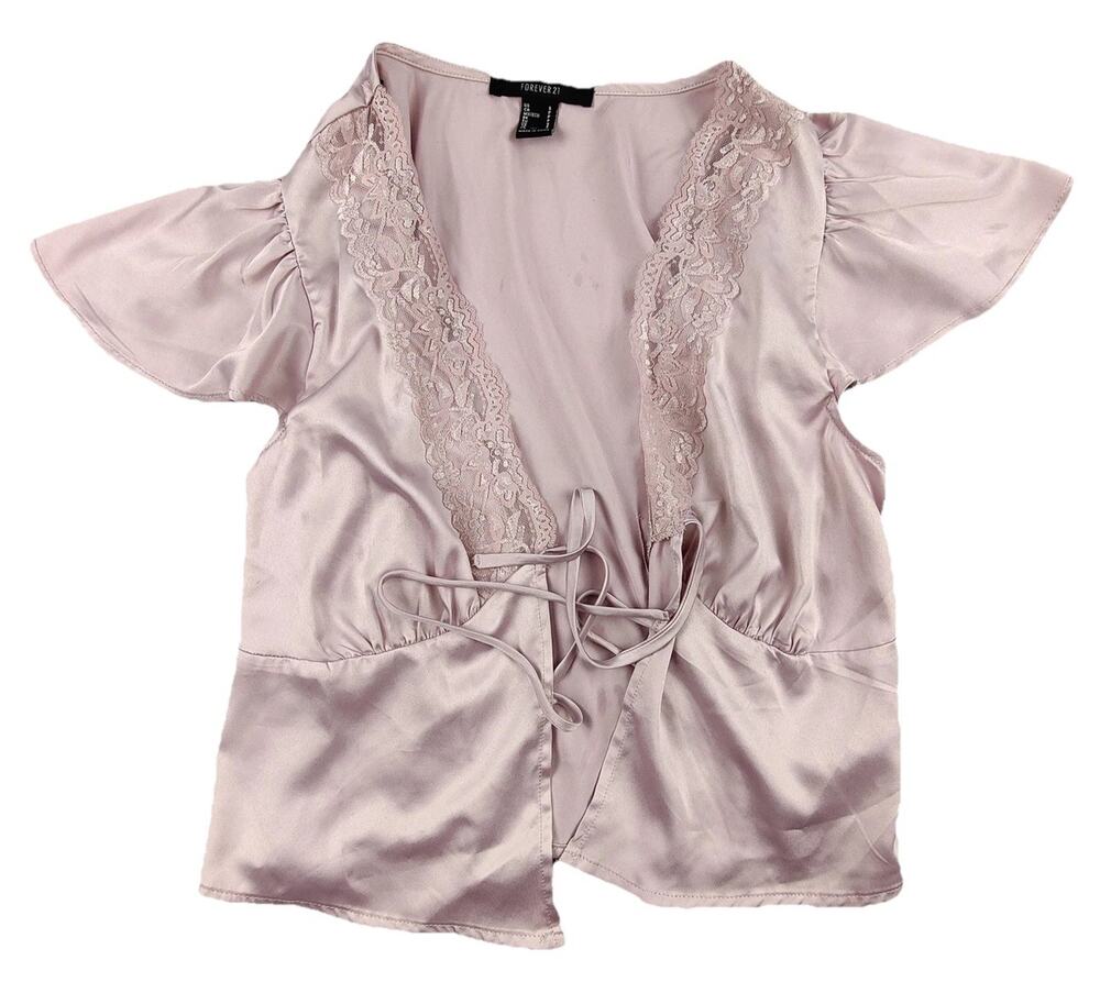 Forever 21 Kimono Robe Womens Small Pink Satin Lace Trim Short Sleeve Lounge